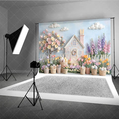 Aperturee - Aperturee Whimsical Pastel Easter House with Bunny Spring Flowers Photography Backdrop Dreamy Garden Scene for Celebrations