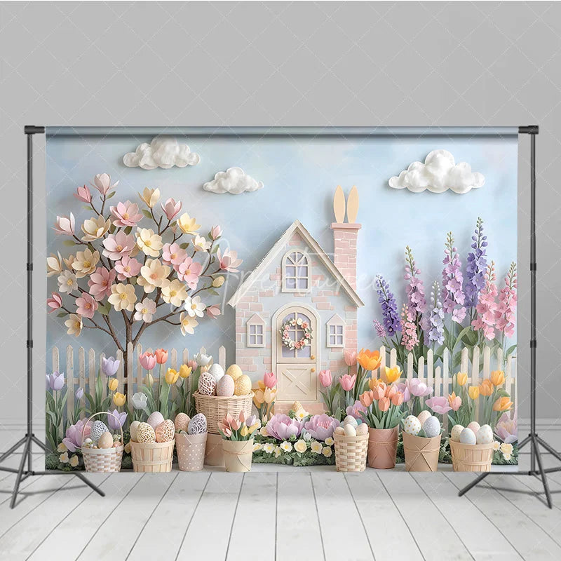 Aperturee - Aperturee Whimsical Pastel Easter House with Bunny Spring Flowers Photography Backdrop Dreamy Garden Scene for Celebrations