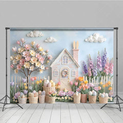 Aperturee - Aperturee Whimsical Pastel Easter House with Bunny Spring Flowers Photography Backdrop Dreamy Garden Scene for Celebrations