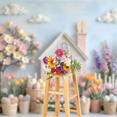 Aperturee - Aperturee Whimsical Pastel Easter House with Bunny Spring Flowers Photography Backdrop Dreamy Garden Scene for Celebrations