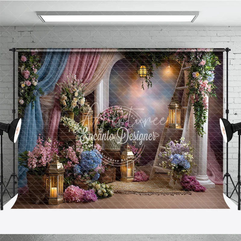 Aperturee - Aperturee Whimsical Pastel Floral Archway Photography Backdrop Elegant Drapes and Golden Lanterns for Studio Portraits