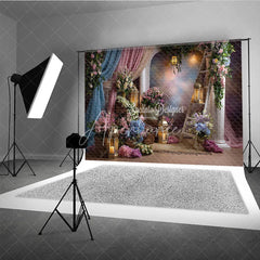 Aperturee - Aperturee Whimsical Pastel Floral Archway Photography Backdrop Elegant Drapes and Golden Lanterns for Studio Portraits