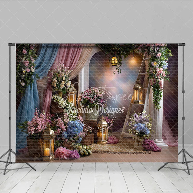 Aperturee - Aperturee Whimsical Pastel Floral Archway Photography Backdrop Elegant Drapes and Golden Lanterns for Studio Portraits