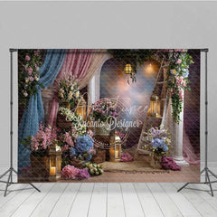 Aperturee - Aperturee Whimsical Pastel Floral Archway Photography Backdrop Elegant Drapes and Golden Lanterns for Studio Portraits