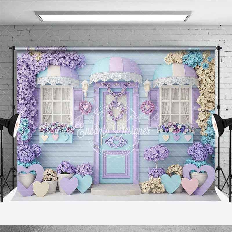 Aperturee - Aperturee Whimsical Pastel Floral House Photography Backdrop with Lavender and Blue Hearts Charming Door and Window Decor