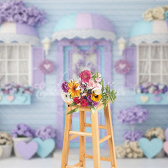 Aperturee - Aperturee Whimsical Pastel Floral House Photography Backdrop with Lavender and Blue Hearts Charming Door and Window Decor