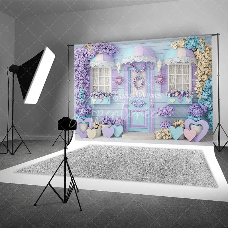 Aperturee - Aperturee Whimsical Pastel Floral House Photography Backdrop with Lavender and Blue Hearts Charming Door and Window Decor
