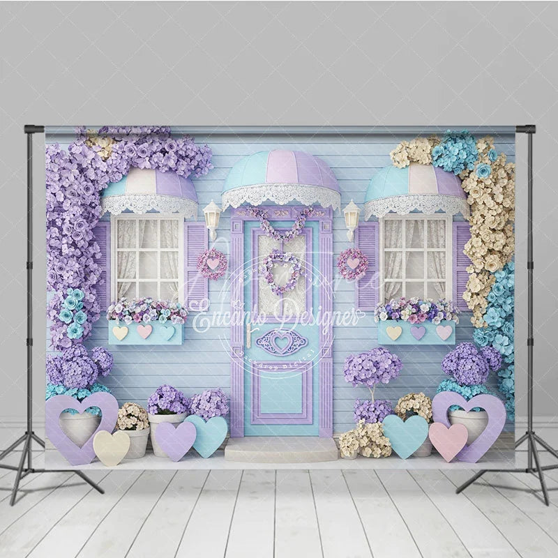 Aperturee - Aperturee Whimsical Pastel Floral House Photography Backdrop with Lavender and Blue Hearts Charming Door and Window Decor