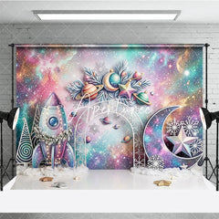 Aperturee - Aperturee Whimsical Pastel Galaxy Space Christmas Photography Backdrop Rocket Moon Star Snowflake Holiday Celebration