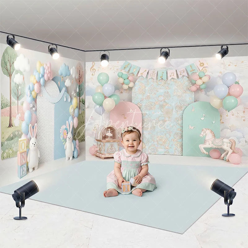 Aperturee - Aperturee Whimsical Pastel Musical Forest Room Set Backdrop featuring Bunnies Carousel Horse and Balloons for First Birthday