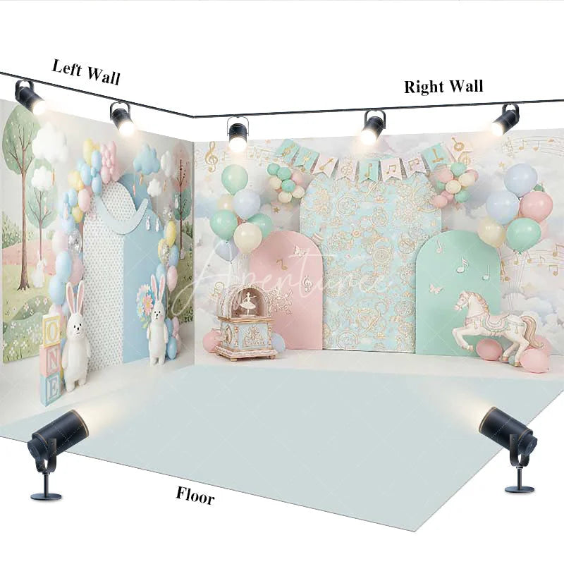 Aperturee - Aperturee Whimsical Pastel Musical Forest Room Set Backdrop featuring Bunnies Carousel Horse and Balloons for First Birthday