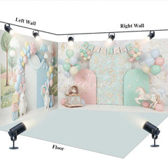 Aperturee - Aperturee Whimsical Pastel Musical Forest Room Set Backdrop featuring Bunnies Carousel Horse and Balloons for First Birthday