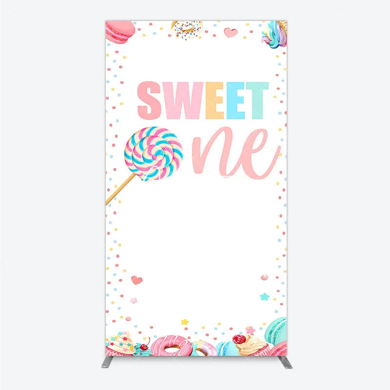 Aperturee - Aperturee Whimsical Pastel Sweet One Lollipop and Dessert Confetti Rectangle Arch Backdrop First Birthday Party Decor