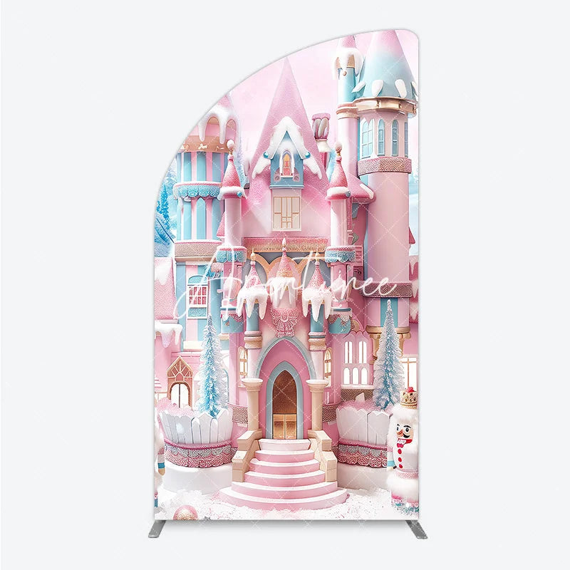 Aperturee - Aperturee Whimsical Pink and Blue Candy Castle Winter Wonderland Half Moon Arch Backdrop Festive Holiday Birthday Party Decor