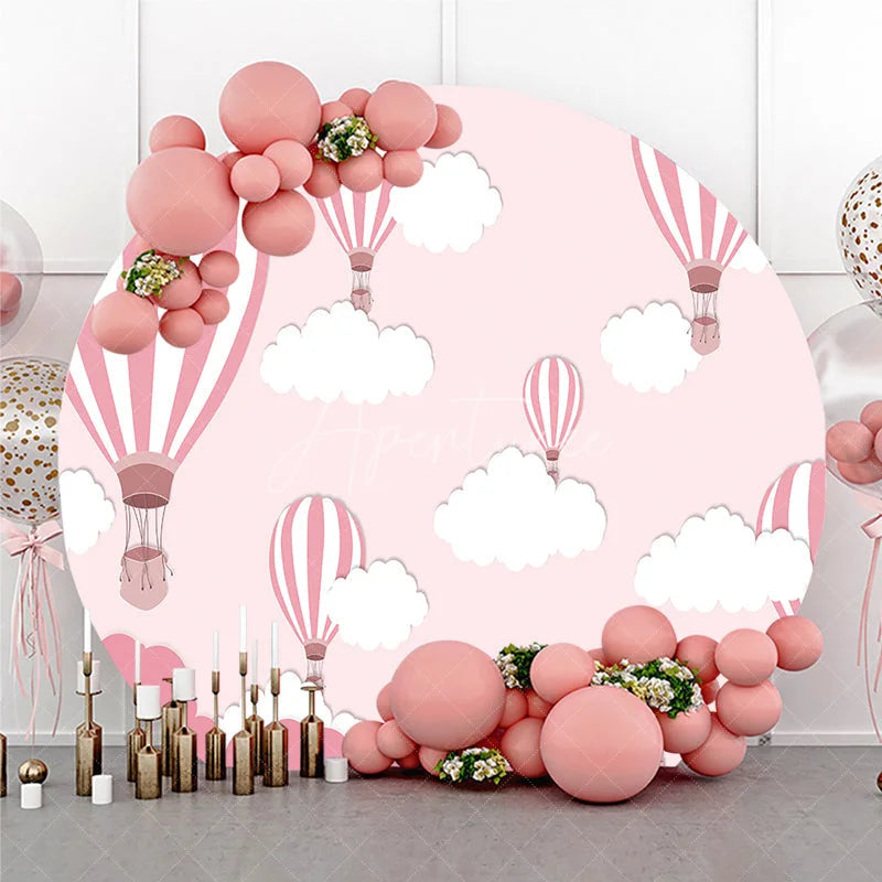Aperturee - Aperturee Whimsical Pink and White Hot Air Balloon Round Backdrop with Dreamy Clouds for Baby Shower Birthday Party Decor
