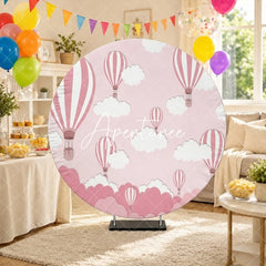 Aperturee - Aperturee Whimsical Pink and White Hot Air Balloon Round Backdrop with Dreamy Clouds for Baby Shower Birthday Party Decor