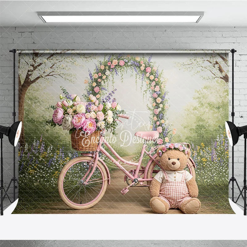 Aperturee - Aperturee Whimsical Pink Bicycle and Floral Arch Photography Backdrop Spring Garden Teddy Bear Baby Shower Decor