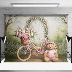 Aperturee - Aperturee Whimsical Pink Bicycle and Floral Arch Photography Backdrop Spring Garden Teddy Bear Baby Shower Decor
