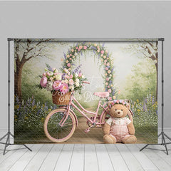 Aperturee - Aperturee Whimsical Pink Bicycle and Floral Arch Photography Backdrop Spring Garden Teddy Bear Baby Shower Decor