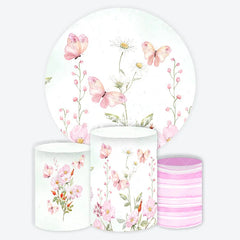 Aperturee - Aperturee Whimsical Pink Butterfly and Daisy Watercolor Round Backdrop Kit Spring Garden Baby Shower Birthday Decor