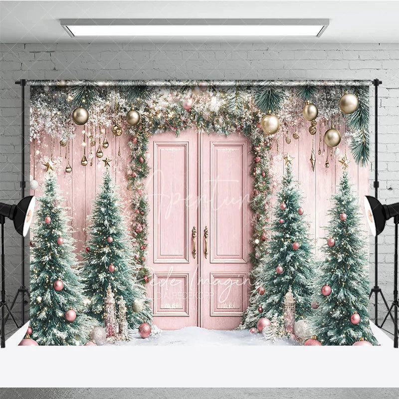 Aperturee - Aperturee Whimsical Pink Christmas Door Combo Set Backdrop Snowy Scene with Pink Trees Holiday Photo with Cloud Floor