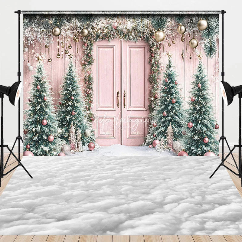 Aperturee - Aperturee Whimsical Pink Christmas Door Combo Set Backdrop Snowy Scene with Pink Trees Holiday Photo with Cloud Floor