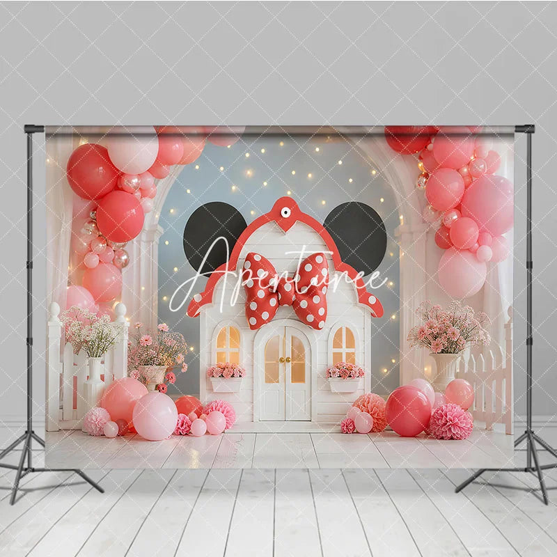 Aperturee - Aperturee Whimsical Pink Coral Balloon Garland Playhouse Photography Backdrop Red Polka Dot Bow Birthday Party Decor