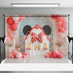 Aperturee - Aperturee Whimsical Pink Coral Balloon Garland Playhouse Photography Backdrop Red Polka Dot Bow Birthday Party Decor