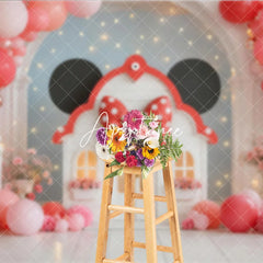 Aperturee - Aperturee Whimsical Pink Coral Balloon Garland Playhouse Photography Backdrop Red Polka Dot Bow Birthday Party Decor