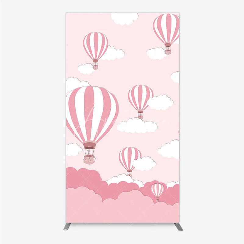 Aperturee - Aperturee Whimsical Pink Hot Air Balloon and Clouds Rectangle Arch Backdrop Baby Shower Birthday Party Decor