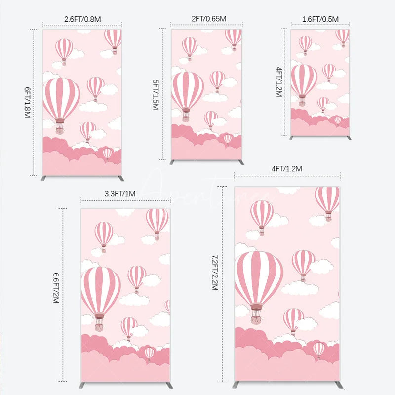 Aperturee - Aperturee Whimsical Pink Hot Air Balloon and Clouds Rectangle Arch Backdrop Baby Shower Birthday Party Decor
