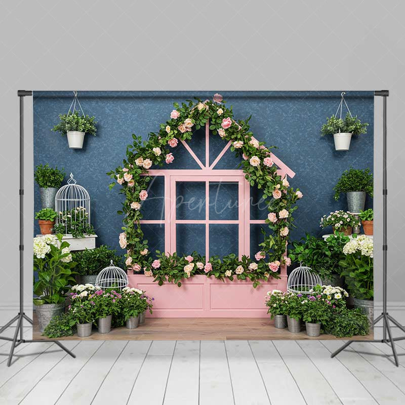 Aperturee Aperturee Whimsical Pink Playhouse Window Backdrop House Shaped Frame with Roses Kids Spring Garden Photography Prop