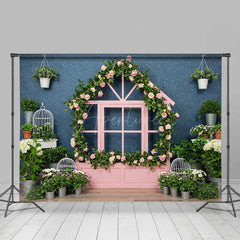 Aperturee Aperturee Whimsical Pink Playhouse Window Backdrop House Shaped Frame with Roses Kids Spring Garden Photography Prop