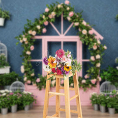 Aperturee Aperturee Whimsical Pink Playhouse Window Backdrop House Shaped Frame with Roses Kids Spring Garden Photography Prop