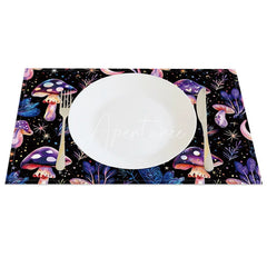 Aperturee - Aperturee Whimsical Purple and Pink Mushroom and Star Set of 4 Placemats for Magical and Fantasy Themed Decor