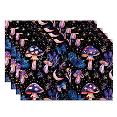 Aperturee - Aperturee Whimsical Purple and Pink Mushroom and Star Set of 4 Placemats for Magical and Fantasy Themed Decor
