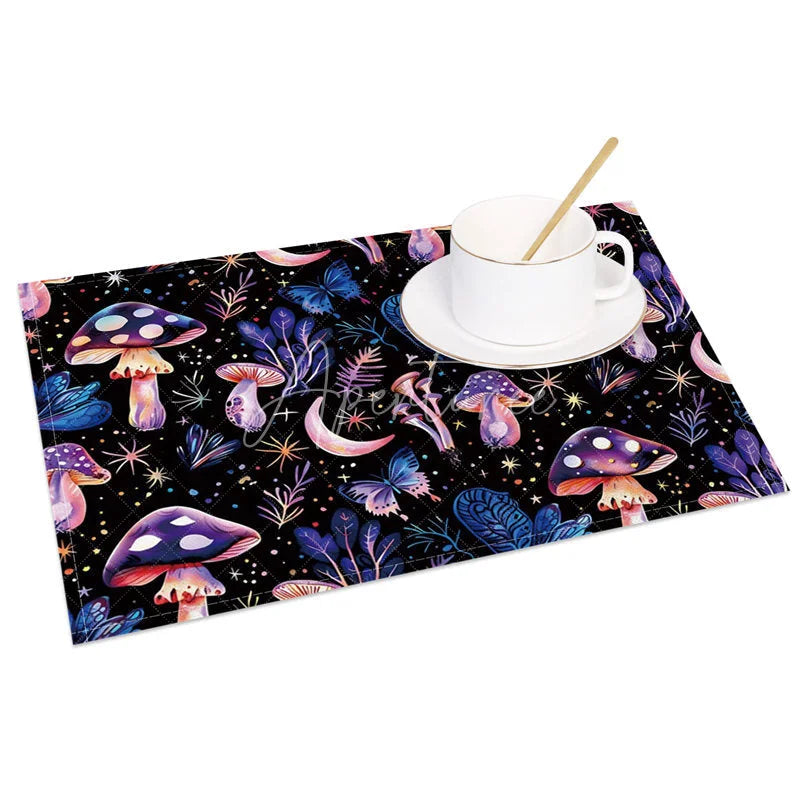 Aperturee - Aperturee Whimsical Purple and Pink Mushroom and Star Set of 4 Placemats for Magical and Fantasy Themed Decor