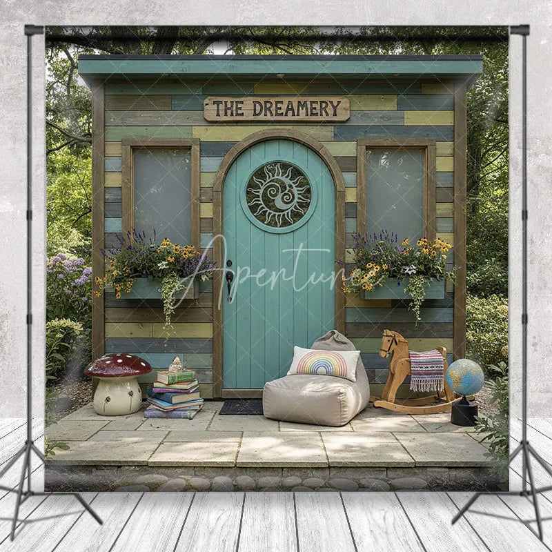 Aperturee - Aperturee Whimsical Rustic Wooden Playhouse Photography Backdrop with Arched Teal Door and Sun Carving Fairy Tale Garden Scene