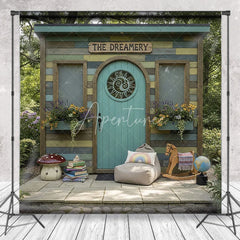 Aperturee - Aperturee Whimsical Rustic Wooden Playhouse Photography Backdrop with Arched Teal Door and Sun Carving Fairy Tale Garden Scene