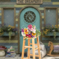 Aperturee - Aperturee Whimsical Rustic Wooden Playhouse Photography Backdrop with Arched Teal Door and Sun Carving Fairy Tale Garden Scene
