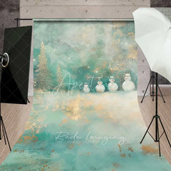 Aperturee - Aperturee Whimsical Snowman Sweep Backdrop Artistic Teal Gold Glitter Trees Painted Winter Floor Photo Background
