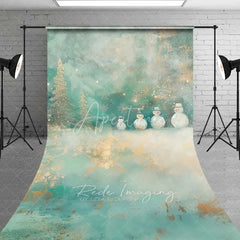 Aperturee - Aperturee Whimsical Snowman Sweep Backdrop Artistic Teal Gold Glitter Trees Painted Winter Floor Photo Background