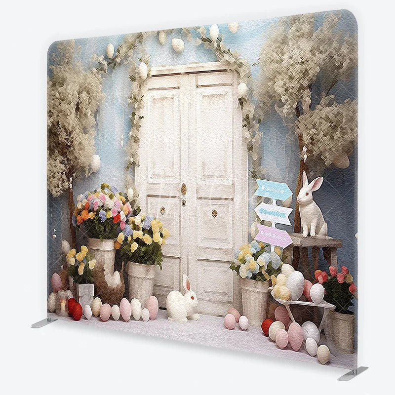 Aperturee - Aperturee Whimsical Spring Easter Square Double-Sided Backdrop featuring White Doors Cute Bunnies and Pastel Eggs