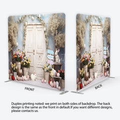 Aperturee - Aperturee Whimsical Spring Easter Square Double-Sided Backdrop featuring White Doors Cute Bunnies and Pastel Eggs