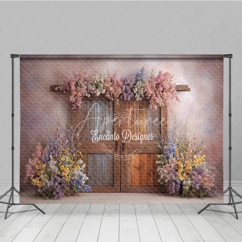 Aperturee - Aperturee Whimsical Spring Floral Door Photography Backdrop Rustic Wood Doors Fine Art Painterly Photo Background