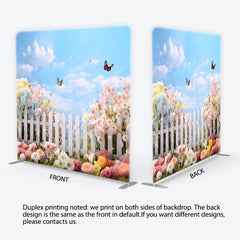 Aperturee - Aperturee Whimsical Spring Garden Square Double-Sided Backdrop with White Picket Fence Colorful Flowers and Butterflies
