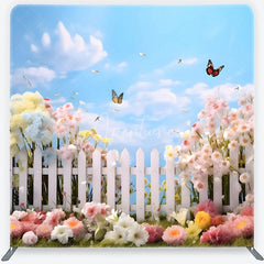 Aperturee - Aperturee Whimsical Spring Garden Square Double-Sided Backdrop with White Picket Fence Colorful Flowers and Butterflies