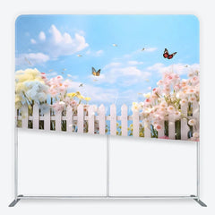Aperturee - Aperturee Whimsical Spring Garden Square Double-Sided Backdrop with White Picket Fence Colorful Flowers and Butterflies