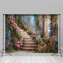 Aperturee - Aperturee Whimsical Stone Staircase Photography Backdrop with Pink Roses and Lush Purple Flowers Enchanting Garden Scene