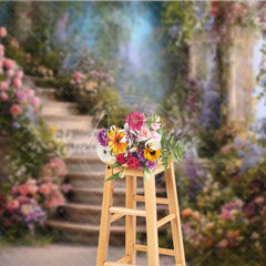 Aperturee - Aperturee Whimsical Stone Staircase Photography Backdrop with Pink Roses and Lush Purple Flowers Enchanting Garden Scene